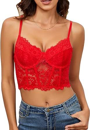 WUFCIYBO  Lace Corset Top Bustier Tops for Women Spaghetti Adjustable Strap Sheer Crop Tops Bralette